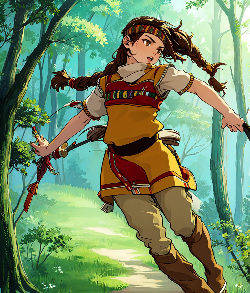 masterpiece, high res, detailed face, detailed eyes, 1 girl, solo, slender, brown hair, brown eyes, single back braid, headband, yellow native american costume, running, full body, outdoors, forest, cowboy shot <lora:Ayda:1>
