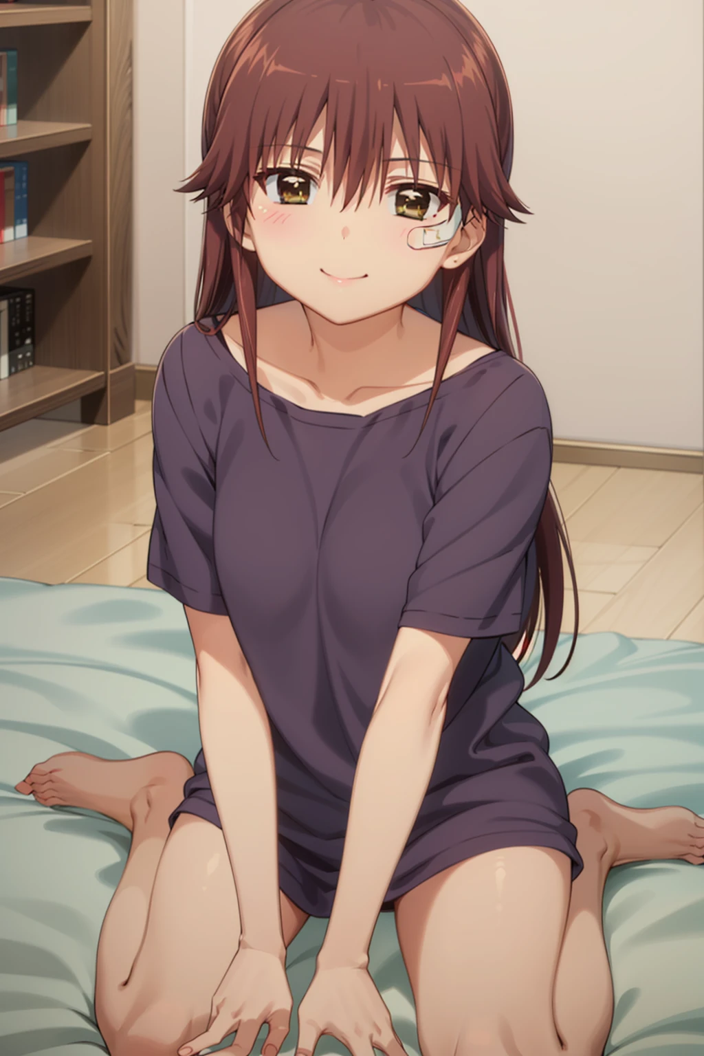 best quality, masterpiece, detailed,
<lora:KissXSis_SuminoeRiko:0.9>, Riko,
1girl, closed mouth, smile,
brown hair, brown eyes, long hair, bandaid on face, sidelocks,
RikoPajamas, pajamas, purple t-shirt,
wariza, looking at viewer,
indoors, bed