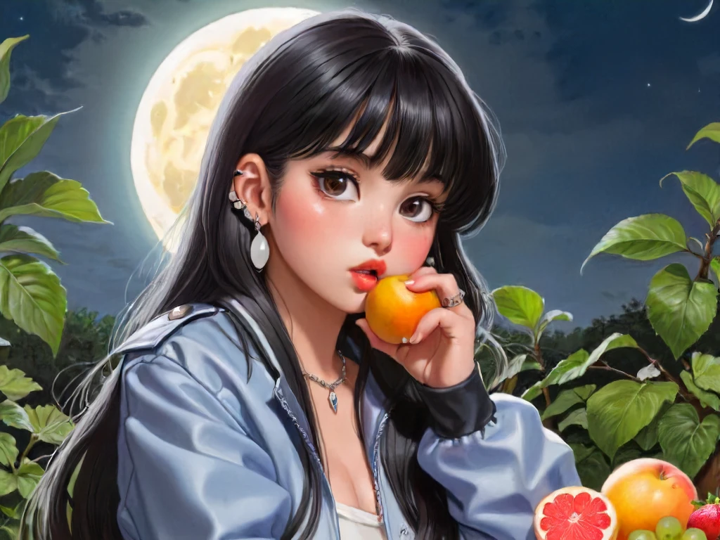 little thunder,1girl,solo,long hair,looking at viewer,bangs,black hair,long sleeves,jewelry,jacket,upper body,earrings,outdoors,parted lips,food,mole,black eyes,cup,lips,mole under eye,fruit,moon,bottle,plant
<lora:merged model:1>