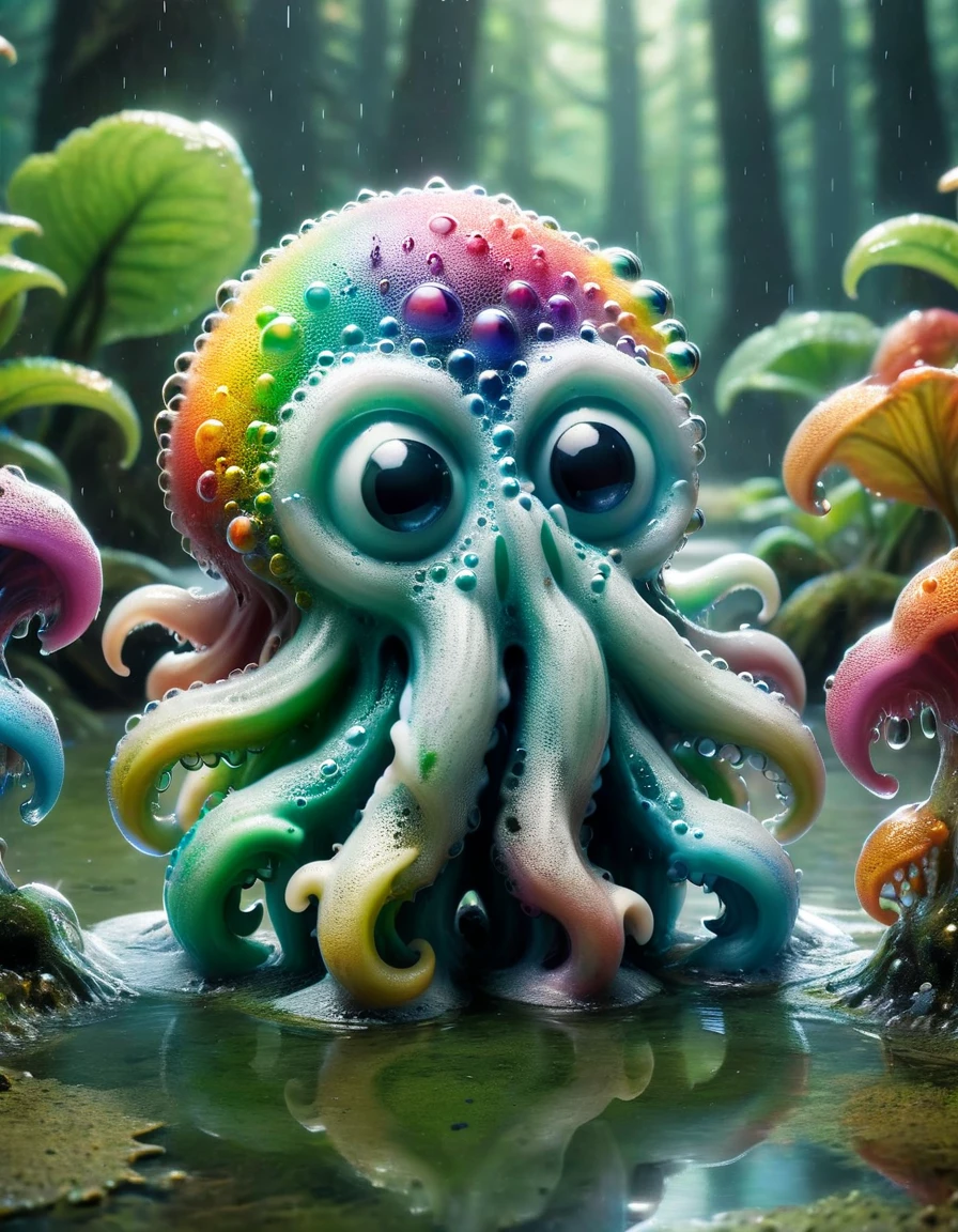 A cute colorful rainbow cthulhu, wildlife photography, in a ral-czmcrnbw swamp, 4K UHD, 8K UHD, High-definition made of ral-dshwshsop <lora:ral-dshwshsop:1>