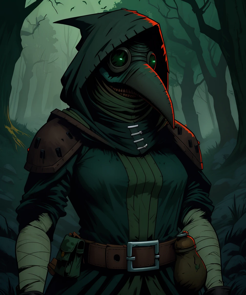 Pdctor,
hood, belt , shoulder armor, pouch , belt, bandages, goggles, Plague Doctor Mask, covered nipples,
upper body, cleavage, sitting, arms up,
woods, dark, darkest dungeon, green gas, gas in background,
(insanely detailed, beautiful detailed face, masterpiece, best quality)
<lora:plaguedoctor:0.7>
