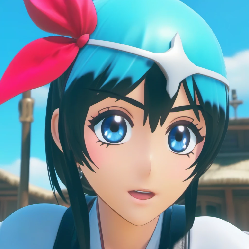 Ultra-realistic extremely detailed real life 8k masterpiece of a super sexy pirate princess with short pastel blue hair and skirt and armor wearing helmet on head exploring a village, epic background, extremely detailed eyes mouth and facial features, breathtaking epic lighting, cinematic composition, sakura wars style <lora:sakura wars style:1>