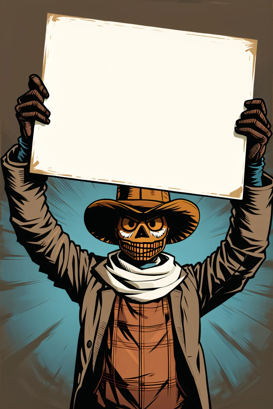 (best quality:1.2), a scarecrow holding up a blank white sign