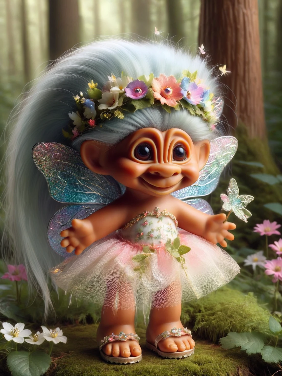 ais-trollz fairy, with a serene, heartwarming smile, delicate wings fluttering, adorned with a crown of flowers, and ethereal, nature-inspired shoes, in a magical forest glade. Surrounded by fireflies and blooming flowers, their face a beacon of serene magic <lora:Trollz_2:1>