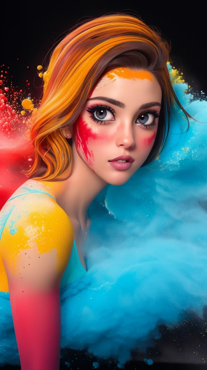 award winning half body portrait of a sexy woman with huge breasts in a croptop and cargo pants with ombre navy blue teal hairstyle with head in motion and hair flying, paint splashes, splatter, outrun, vaporware, shaded flat illustration, digital art, trending on artstation, highly detailed, fine detail, intricate, in the style of dispertion