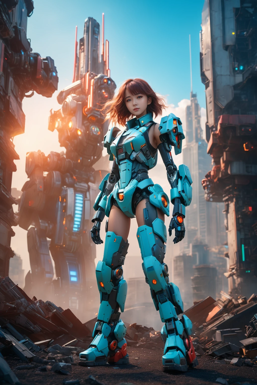professional 3d model A girl wears a mech suit with a dynamic character,wearing mecha shoes,20 years old,full_shot:1.2,the pose of the character is dynamic,the atmosphere is a bit hazy,to give the scene a dreamy and ethereal quality,2.5D,with a secret mech style,absurdres,detailed,the background in the skyscraper,with green lights and metal versions,with the ruins world,SMOOTH and StreamLined Design,the blue light and red details on the mech,<lora:JA-000010:0.8>, . octane render, highly detailed, volumetric, dramatic lighting
