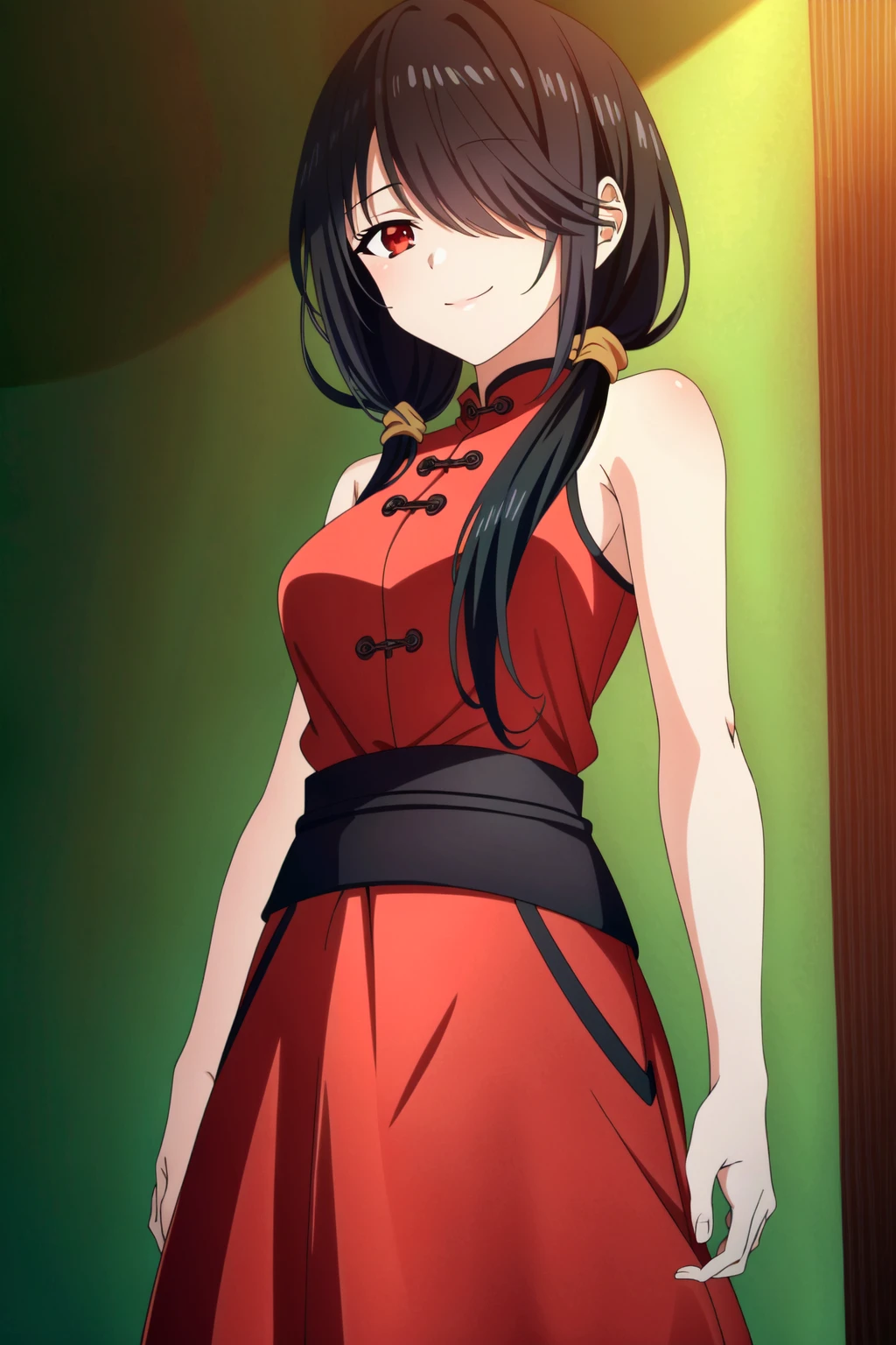 (extremely detailed CG unity 4k wallpaper),(masterpiece),(best quality),(ultra-detailed),(best illustration),(best shadow),(absurdres),(detailed background)<lora:OGT_Kurumi_Tokisaki-v1:0.7> Kurumi Tokisaki, 1girl, solo, hair over one eye, red eyes, black hair, smile, long hair, twintails, anime coloring, looking at viewer, red dress, red chinese dress, red chinese qipao, sleeveless
