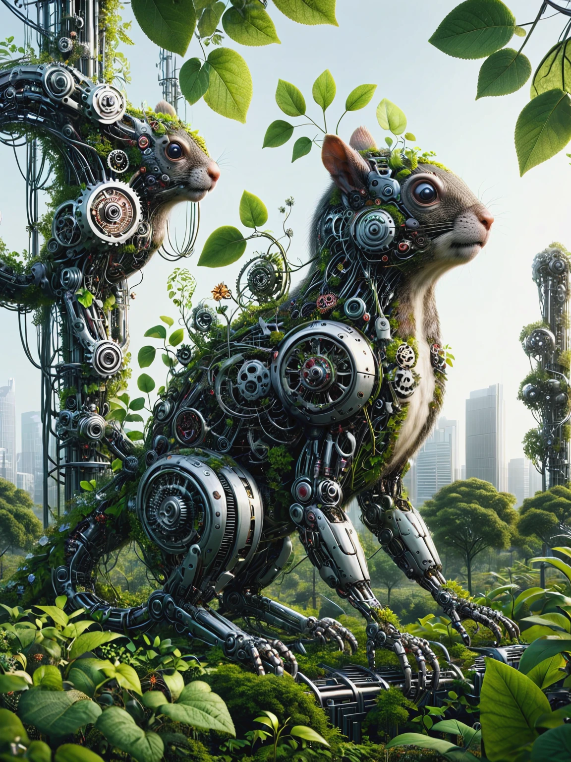 ais-postdyz city park, overgrown with mechanical flora and fauna, robotic squirrels darting among steel vines, under a dim artificial sun <lora:After_Mech_Dyst:1>