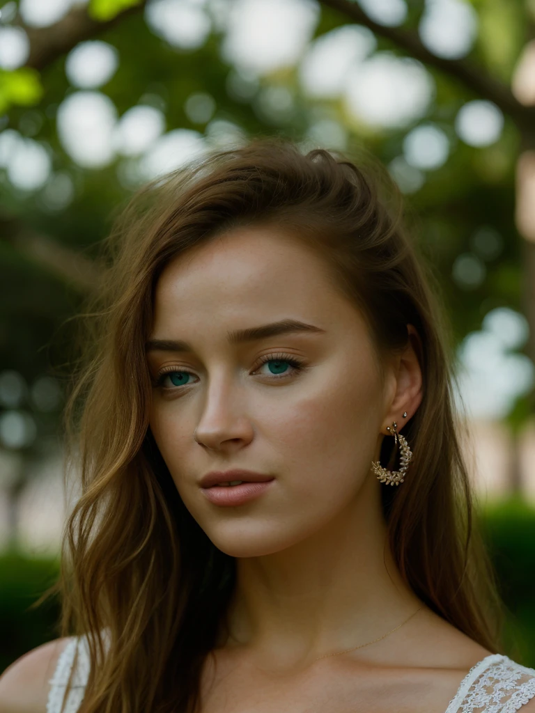 Realistic photo of a beautiful ph03b3d woman, 1girl,solo,long hair,looking at viewer,blue eyes,blonde hair,jewelry,green eyes,earrings,outdoors,parted lips,teeth,blurry,lips,blurry background,portrait,realistic,nose, soft lighting, professional Photography, Photorealistic, detailed, RAW, analog, sharp focus, 8k, HD, high quality, masterpiece<lora:ph03b3d:1.0>