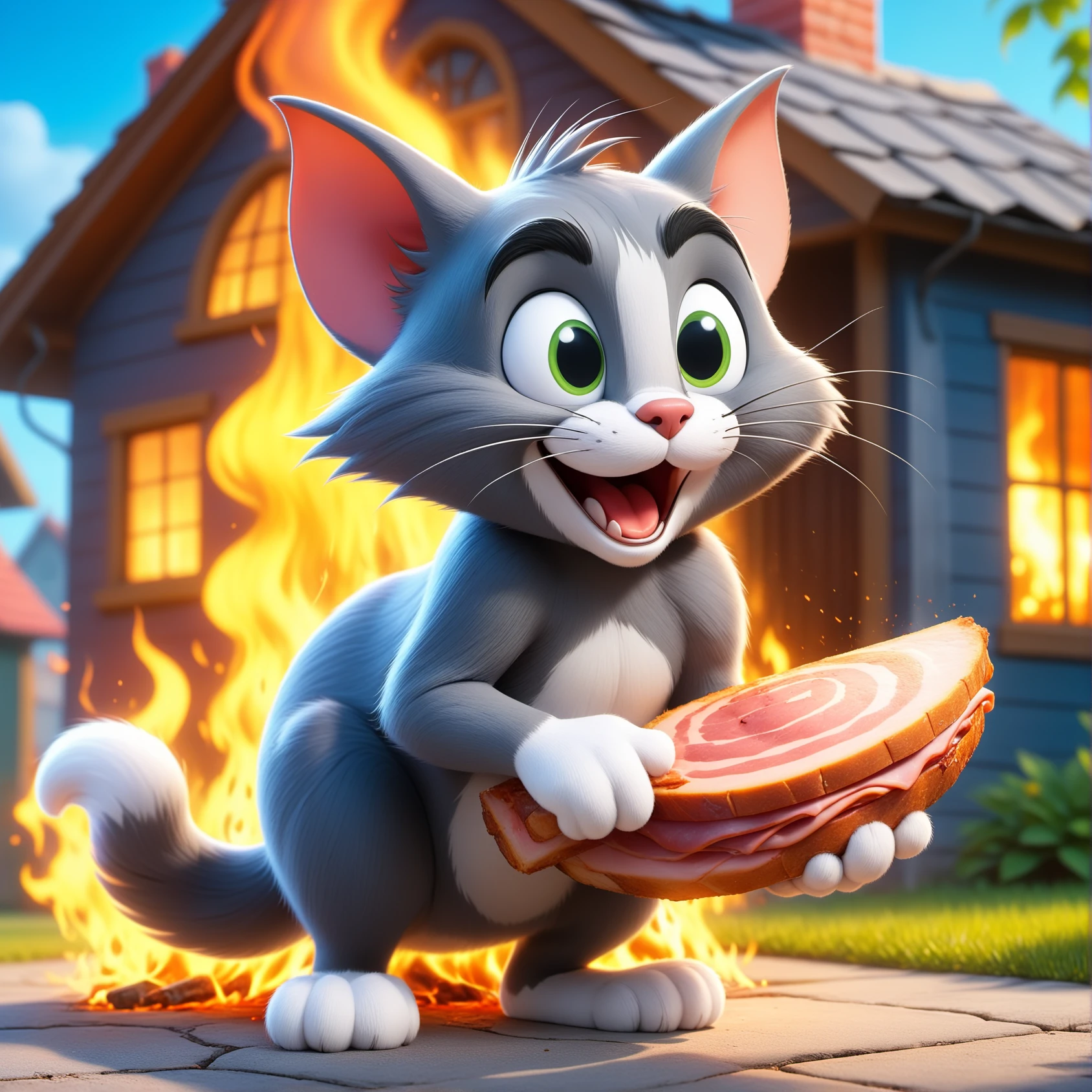 (cute Tom the grey cat (Tom & jerry), out of the house very quickly holding a huge ham in his paw, There is a burning house in the background, detailed vivid colors background, HDR, 8k, detailed muzzle