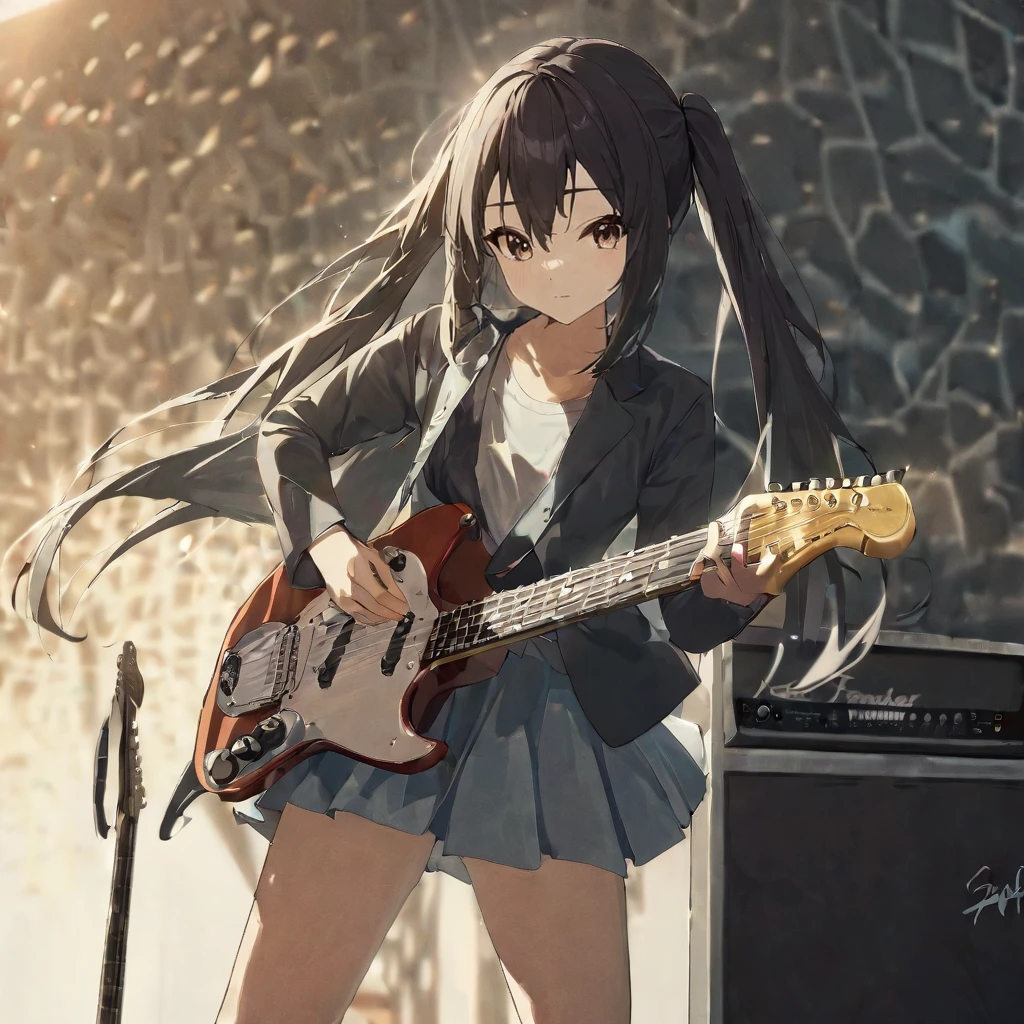 1girl, nakano azusa, playing a fender mustang guitar, (masterpiece), cinematic, beautiful light, best quality, newest,safe, absurdres <lora:azusa_xl_rev2:1>