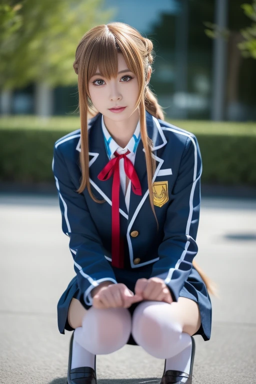 ltra-detailed,highly detailed,best quality,masterpiece,illustration,realistic,photorealistic,
1girl, solo, cosplay, 
yuuki asuna, school uniform, neck ribbon, jacket, collared shirt, skirt, 
long sleeves, buttons, 
long blonde hair, bangs, braid,hair slicked back, french braid,
looking at viewer, squatting, 
photo background, outdoors, 
<lora:yuuki asuna_v1_05:0.8>