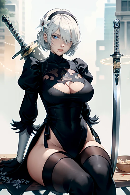 masterpiece,best quality,extreme detail,8k,<lora:2b:0.8>,2B@, 1girl, solo, breasts, looking at viewer, short hair, blue eyes, large breasts, hair ornament, thighhighs, gloves, long sleeves, dress, cleavage, sitting, weapon, flower, white hair, thighs, hairband, boots, food, black gloves, puffy sleeves, sword, artist name, black thighhighs, hair flower, mole, hair over one eye, black dress, leotard, lips, clothing cutout, turtleneck, thigh boots, highleg, cleavage cutout, katana, black hairband, juliet sleeves, mole under mouth, highleg leotard, white leotard, vambraces, thighhighs under boots, weapon on back, feather trim, feather-trimmed sleeves, no blindfold