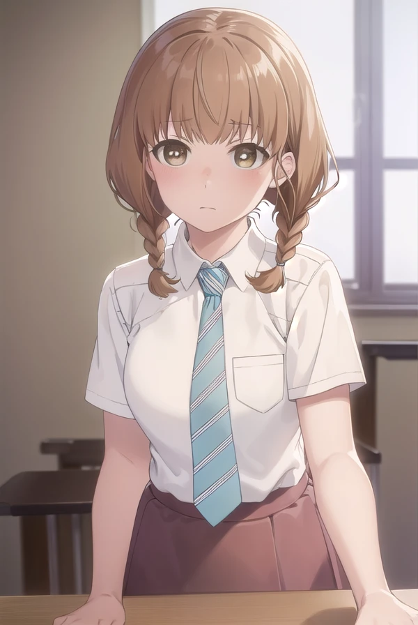 momokosudou, <lora:momoko sudou s1-lora-nochekaiser:1>,
momoko sudou, brown hair, (brown eyes:1.5), braid, twin braids,
BREAK skirt, shirt, school uniform, white shirt, short sleeves, necktie, striped, collared shirt, shirt tucked in, striped necktie,
BREAK indoors, classroom,
BREAK looking at viewer, (cowboy shot:1.5),
BREAK <lyco:GoodHands-beta2:1>, (masterpiece:1.2), best quality, high resolution, unity 8k wallpaper, (illustration:0.8), (beautiful detailed eyes:1.6), extremely detailed face, perfect lighting, extremely detailed CG, (perfect hands, perfect anatomy),