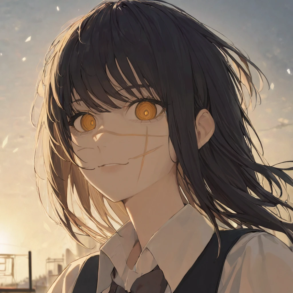 1girl, yoru, standing on rooftop, with a secret smile, portrait, looking at camera, (masterpiece), cinematic, beautiful light, best quality, newest, safe, absurdres <lora:yoru_xl_rev2:1>
