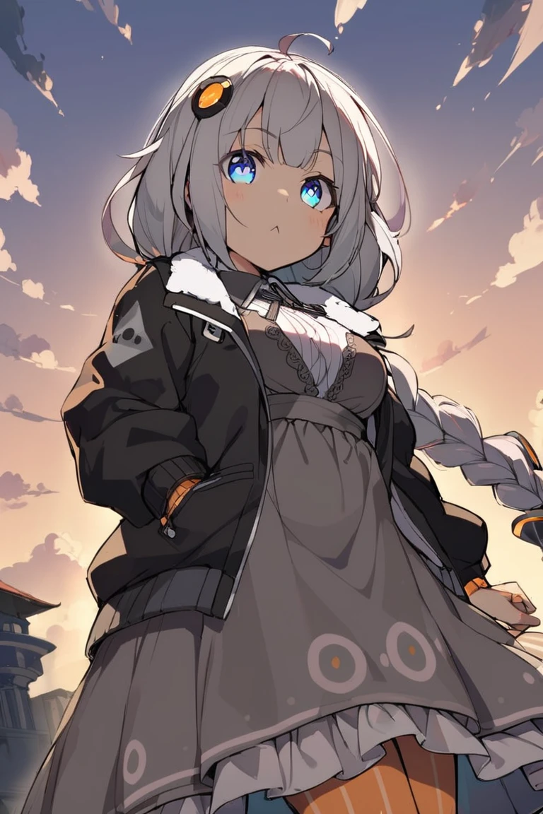 1girl, dress, jacket, hair ornament, :<, evening, from below, akarilora, <lora:akarilora_charaLoRA_XL_AMG:0.7:lbw=1,0,1,0,1,1,0.5,1,0,0,0,0,>