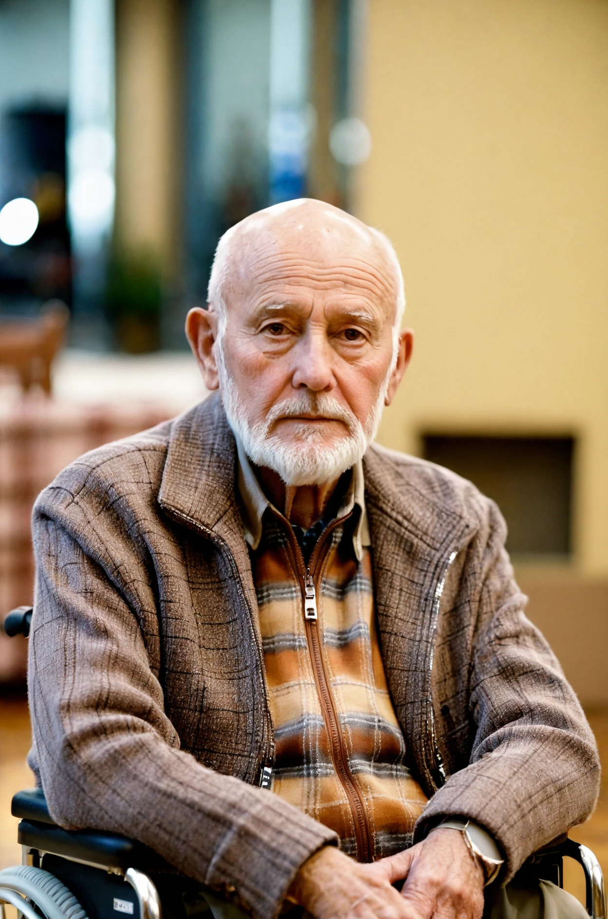 film grain,Elderly male, Caucasian, bald with age spots, beard stubble, serious expression, brown eyes, wearing earth-toned sweater over plaid shirt, zipper jacket, seated, possibly wheelchair, bokeh lighting background, indoor location, shallow depth of field, natural skin tones, high-resolution image, soft lighting, front-facing portrait, candid capture.,
