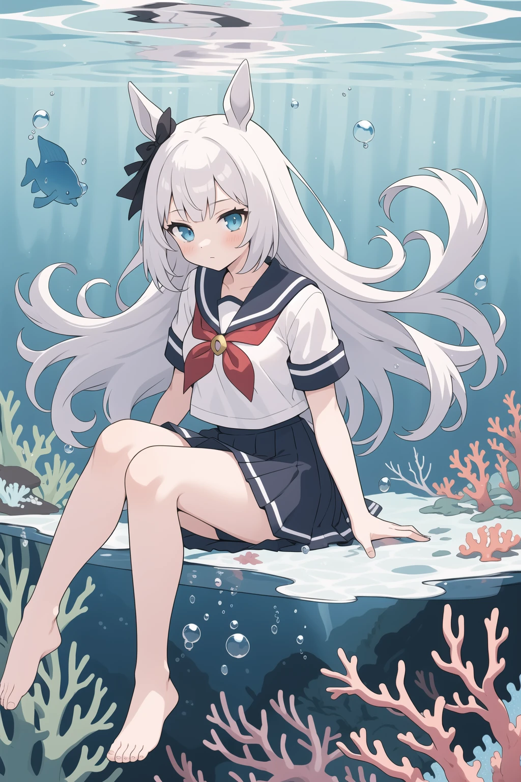 Anime girl in swimsuit sitting on raft in pool, Perfect white haired girl, Sitting in the pool, Kantai collection style, Anime girl walking on water, white hair floating in air, in a bathing suit, in a swimming pool, white haired Cangcang, author:Uesaka Seka, full bodyesbian:: Sunny weather::, aqua from konosuba