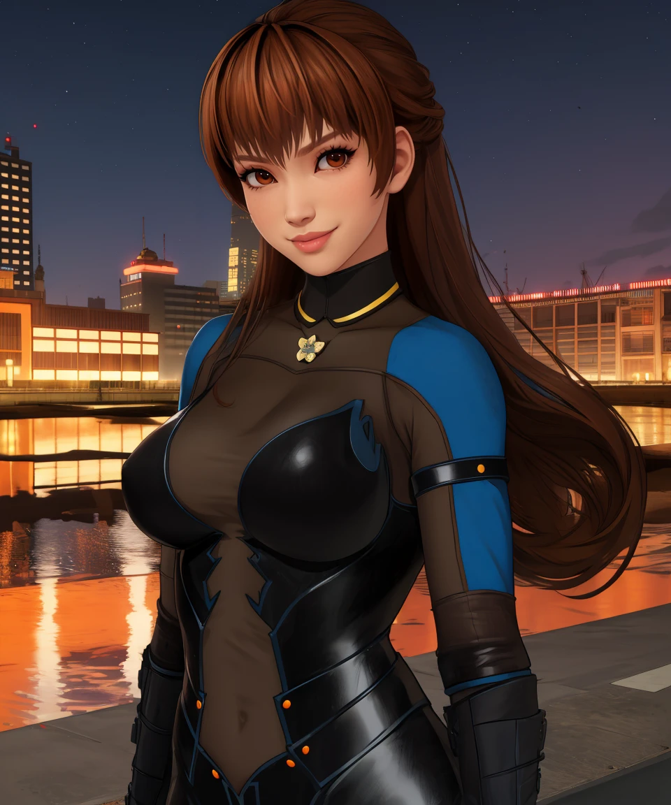 kasumi,brown eyes,brown hair, long hair,
black bodysuit,skin tight,light smile,
standing,upper body,
night,city,temple,
(insanely detailed, masterpiece, best quality),solo,<lora:kasumiDOA6:0.8>,