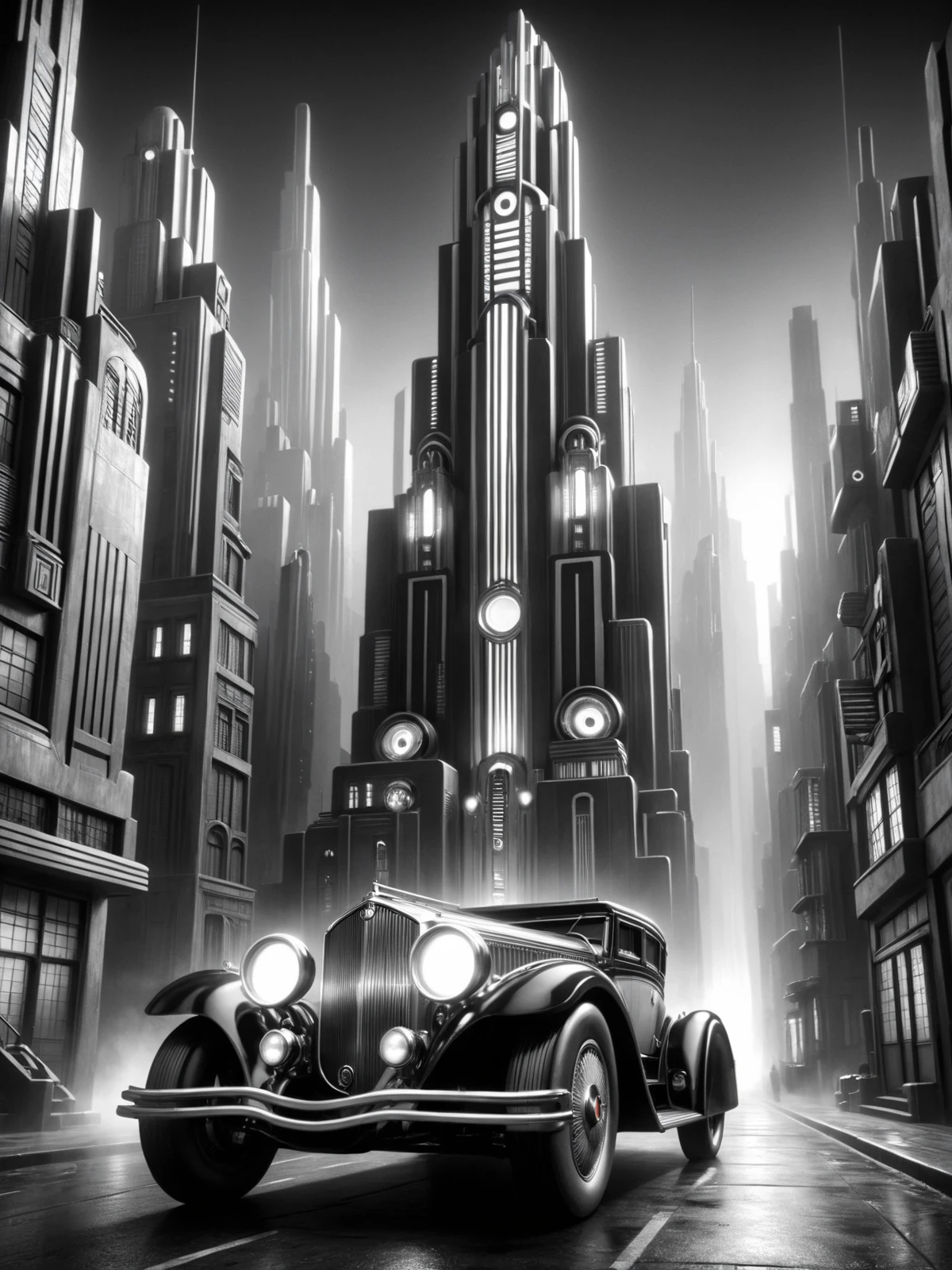 car, city, futuristic, stylized, art deco, expressionist, 1920s, black and white <lora:Metropolis_Movie_Style_SDXL:0.8> mad-ropolis-movie, (masterpiece:1.2), best quality, (hyperdetailed, highest detailed:1.2), high resolution textures
