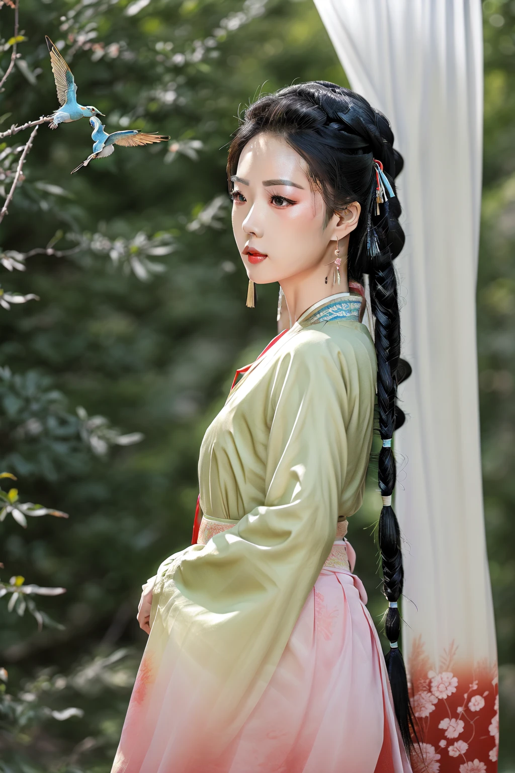 gf,<lora:GF-000008:0.7>,dynamic poses,stunning colors,3D rendering masterpiece,high resolution,1girl,(hair ribbon, headband, side braid),Chinese Traditional cloth,ultra-detailed,(high detailed skin),glossy skin,female focus,model,chinese ink painting style,extreme detailed,gufeng,gradient,fractal art,colorful,highest detailed hair,HDR,8kresolution,1girl,earrings,jewelry,breasts,solo chest pleated skirt,long_hair,makeup,jewelry,eyeshadow,braid,looking at viewer,bangs,breast curtain,long sleeves,ribbon,tassel,scenery,chinese architecture,trees,birds,sun,outdoors,depth of field,