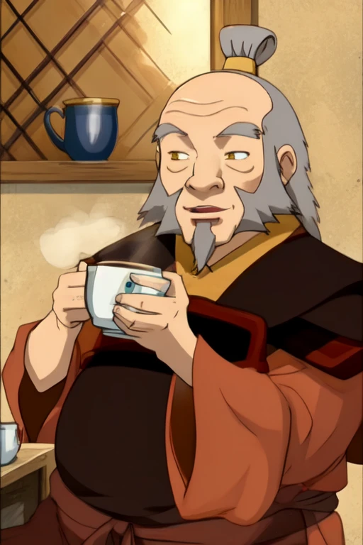 <lora:uncleiroh-10:1>, uncleiroh, old man,
yellow eyes,
grey hair, hair bun, facial hair, mustache,
tea, holding cup, cup of tea, steam
plump,
happy,