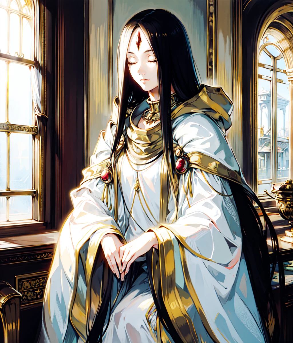 masterpiece, high res, detailed face, detailed eyes, anime screencap, 1 girl, long hair, black hair, eyes closed, forehead jewel, white tunic, hood, arms towards the sky, from behind, outdoors, full body, sitting, chair, library, cowboy shot <lora:Leknaat:1>