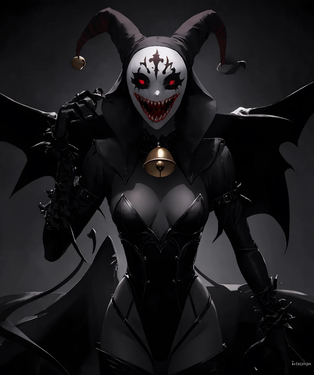 dark theme, jester, horror, 1girl, solo, mask, sharp teeth, claws, sharp fingernails, demon girl, leotard, bell, bodysuit,  upper body, <lora:crazy_jester-08:1> <lora:LowRA:0.4>