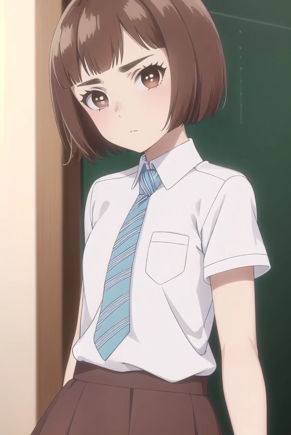 kazusaonodera, <lora:kazusa onodera s1-lora-nochekaiser:1>,
kazusa onodera, short hair, bangs, brown hair, (brown eyes:1.5), blunt bangs, bob cut, thick eyebrows,
BREAK skirt, shirt, school uniform, white shirt, short sleeves, necktie, striped, collared shirt, shirt tucked in, striped necktie,
BREAK indoors, classroom,
BREAK looking at viewer, (cowboy shot:1.5),
BREAK <lyco:GoodHands-beta2:1>, (masterpiece:1.2), best quality, high resolution, unity 8k wallpaper, (illustration:0.8), (beautiful detailed eyes:1.6), extremely detailed face, perfect lighting, extremely detailed CG, (perfect hands, perfect anatomy),