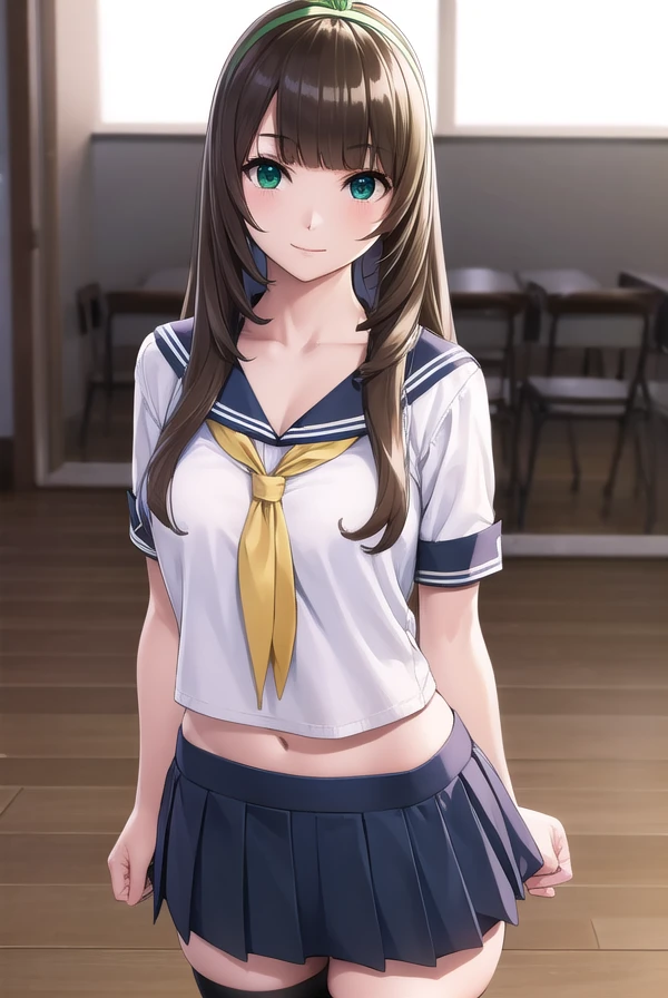 chitosenishina, <lora:chitose nishina manga-lora-nochekaiser:1>,
chitose nishina, long hair, brown hair, (green eyes:1.3), bangs, blunt bangs, smile,
BREAK skirt, thighhighs, navel, cleavage, school uniform, pleated skirt, hairband, shoes, serafuku, black thighhighs, black skirt, zettai ryouiki, neckerchief,
BREAK indoors, classroom,
BREAK looking at viewer, (cowboy shot:1.5),
BREAK <lyco:GoodHands-beta2:1>, (masterpiece:1.2), best quality, high resolution, unity 8k wallpaper, (illustration:0.8), (beautiful detailed eyes:1.6), extremely detailed face, perfect lighting, extremely detailed CG, (perfect hands, perfect anatomy),