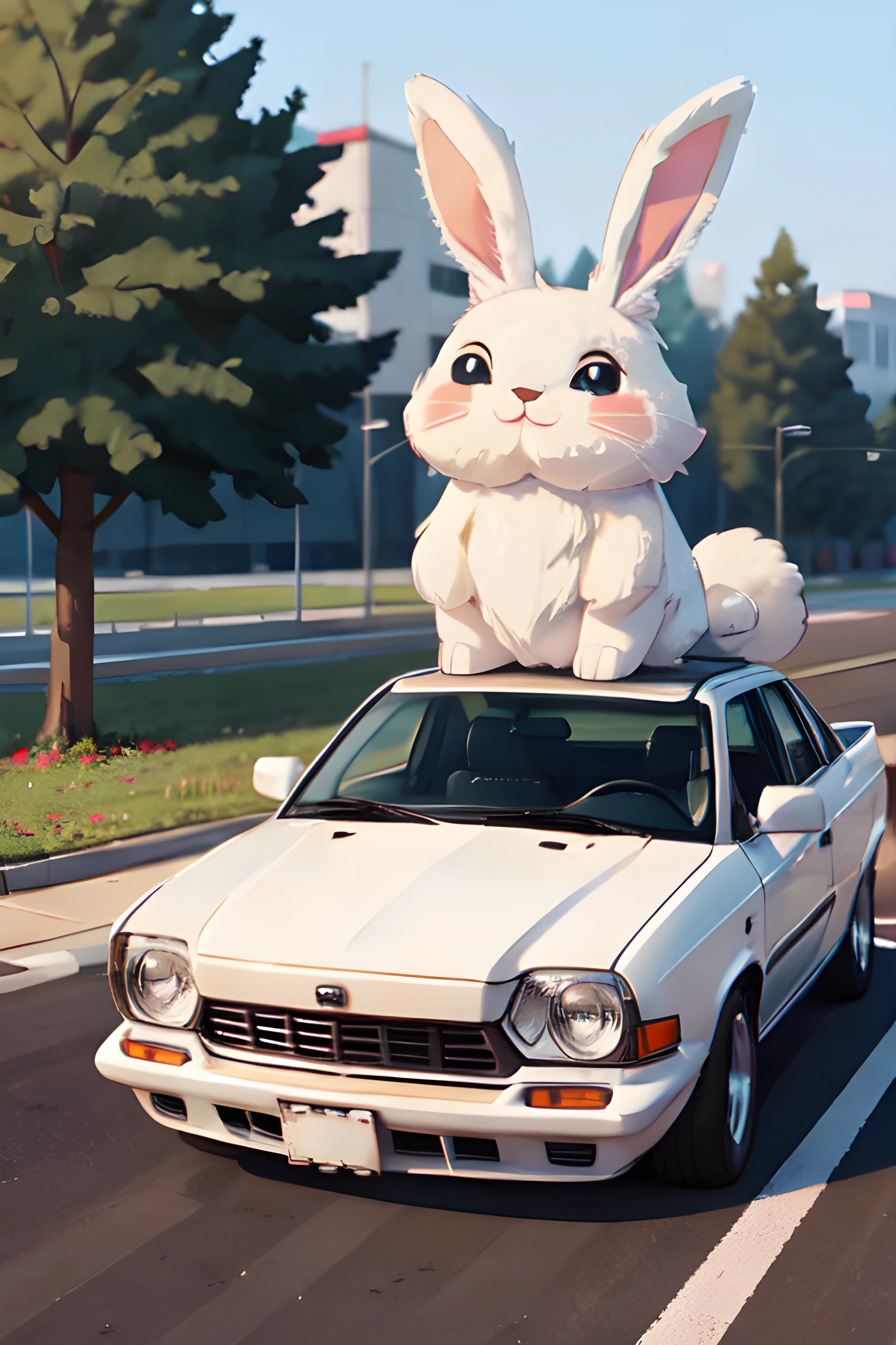 A large bunny crushing a car
