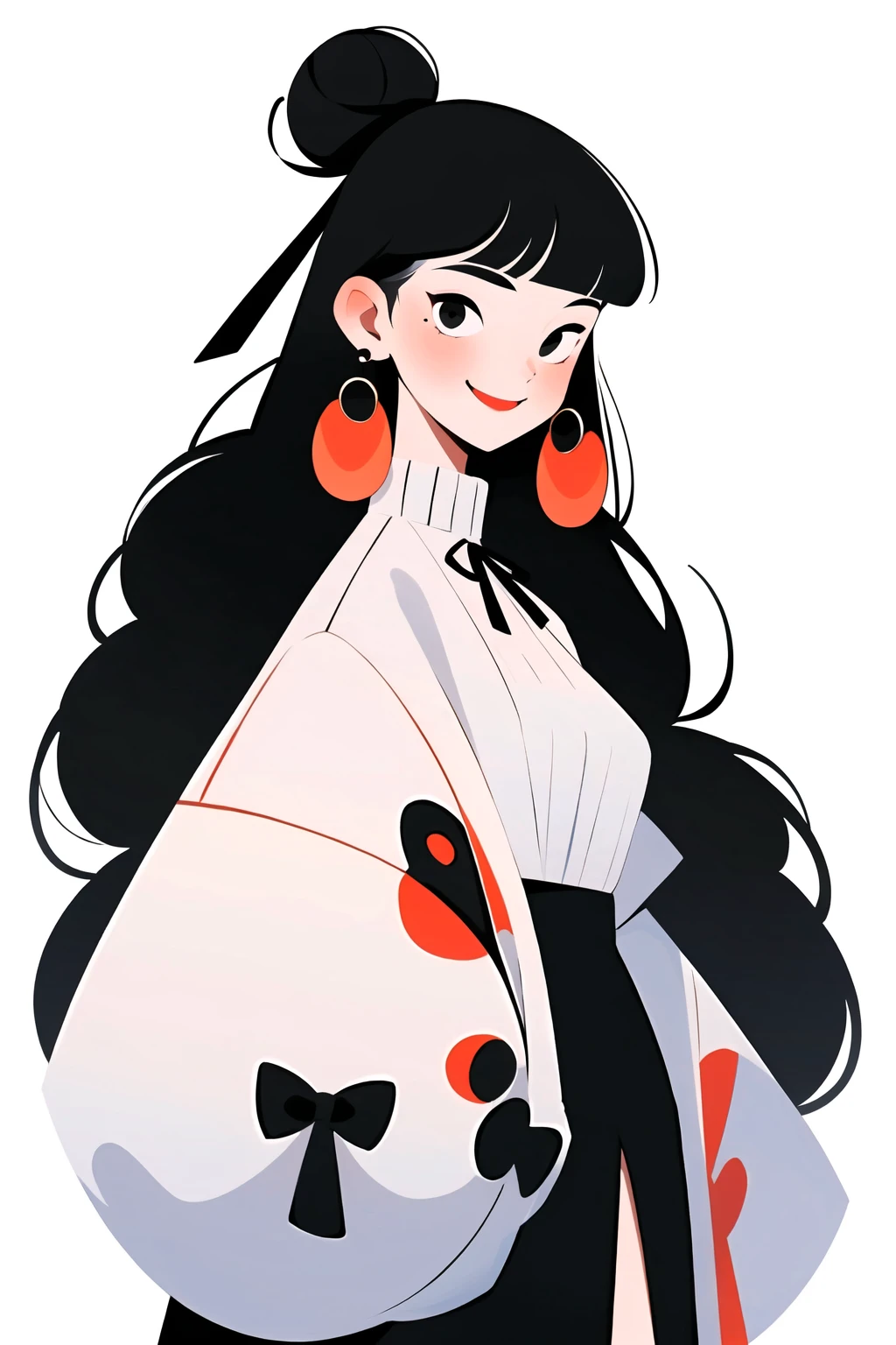 1girl ball bangs black eyes black hair blunt bangs blush double bun dress earrings hair bun hair ribbon jewelry long hair long sleeves looking at viewer mole open mouth ribbon simple background smile solo white background