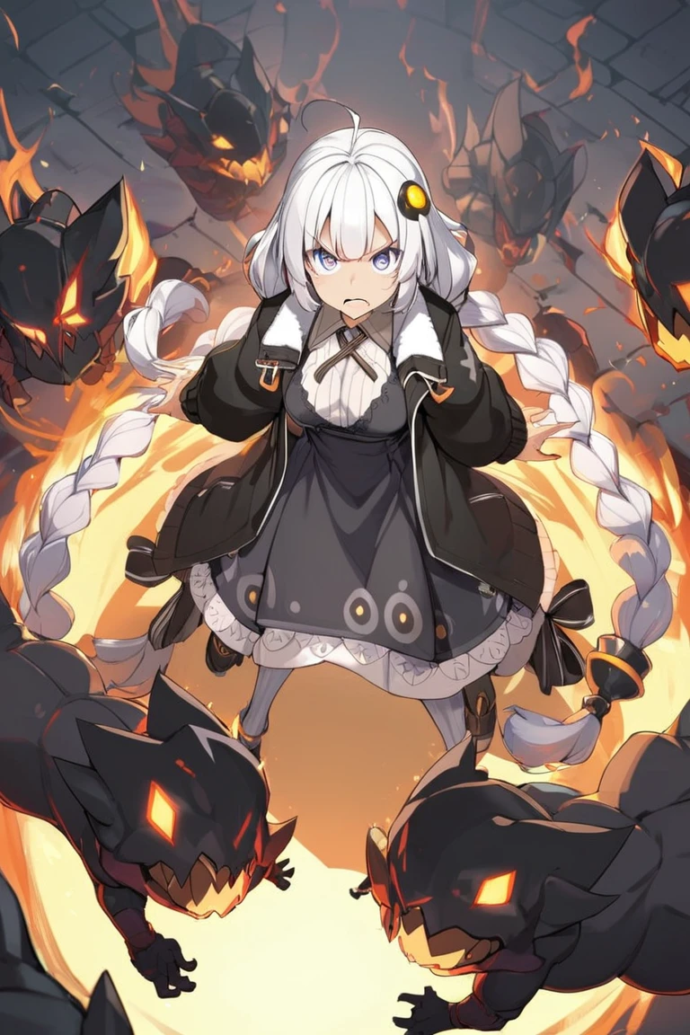 1girl, dress, jacket, hair ornament, enraged, from above, akarilora, <lora:akarilora_charaLoRA_XL_AMG:0.7:lbw=1,0,1,0,1,1,0.5,1,0,0,0,0,>
