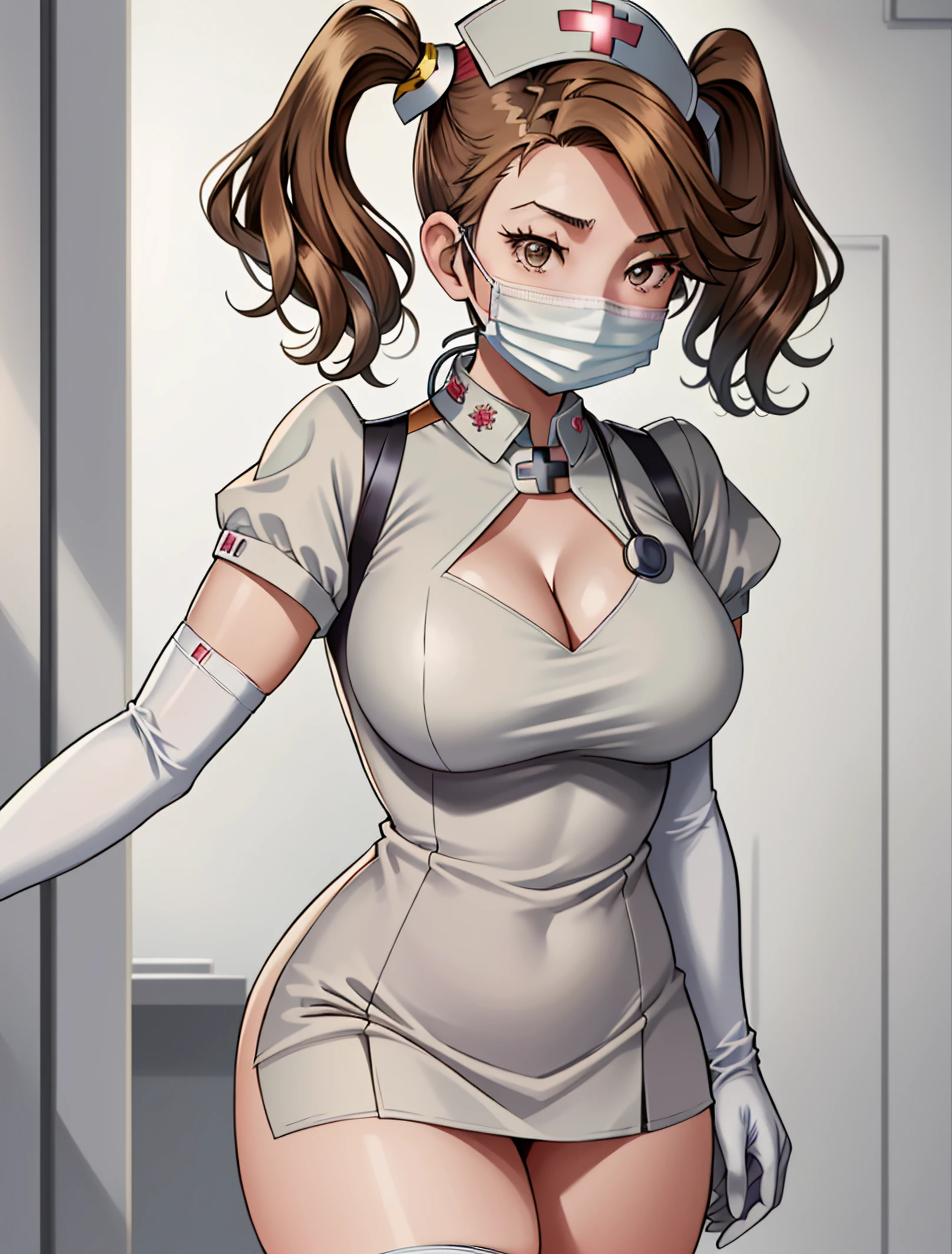 ((masterpiece, best quality, high quality)),1girl, (lower body, hospital),   <lora:Cleavage_surg_nurse:0.6> (cleavage surgical nurse, cleavage, mask, nurse cap, mouth mask, nurse, gloves, cleavage cutout, stethoscope, elbow gloves), <lora:KaorukoSazaki:0.8> ((twintails, kaoruko, 1girl, solo, brown hair, brown eyes)),