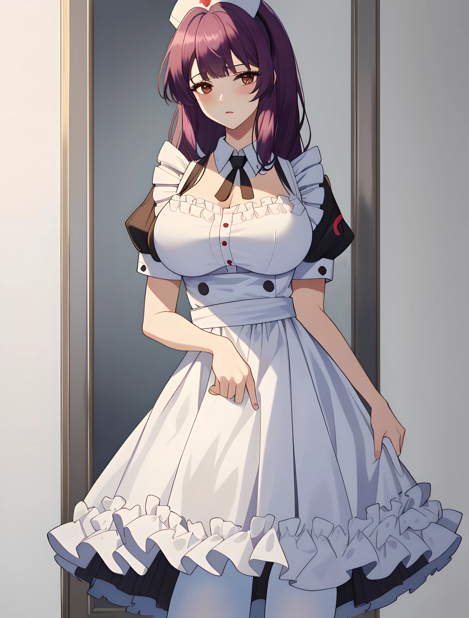 (simple background: 1.4), (a giantess looming over a girl: 1.2), (giantess foreshortening: 1.2), (a girl in front of the breasts of a giantess:1.1), (a girl under the breasts of a giantess: 1.1), (yuri maid cafe:1.1), maid cafe, (2girls:1.5), (height_difference:1.7), (size_difference:1.5), minigirl, (multiple girls: 1.4), (giantess:1.2), (foreshortening: 1.1), large breasts, (tall girl: 1.1), cleavage, beautiful, professionally drawn, (huge breasts), (cleavage sweat), (anime drawing:1.1), (simple bold lines: 1.1), (anime:1.1), (very cute anime girl), (bright), (low contrast), collarbone, (prettiest age girl), (mature face: 1.4), (tall girl with big breasts: 1.2), looking down, in love, (in love heart symbols: 1.2), catgirl