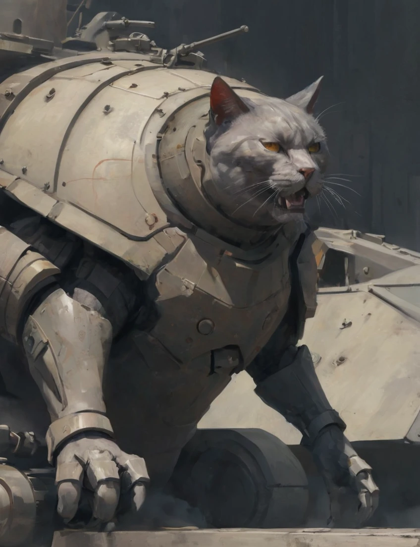 concept art, depiction of an heavily armored cat in battle mode,  deep shadow, cinematic, contrast  <lora:- SDXL - amredpll_armored_style_V1.0:.8>