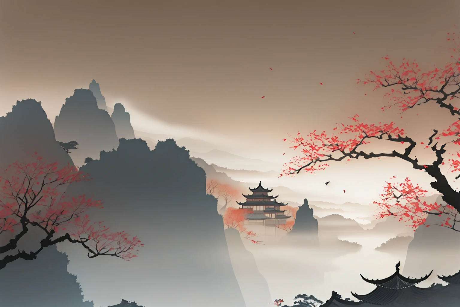 masterpiece,8k,incredibly_absurdres,best quality,<lora:guohua_20240130124050-000014:0.8>,mountain landscape,misty atmosphere,pagoda,traditional Chinese architecture,ethereal mountains,ink wash painting,brushwork,layers of shading,restrained color palette,red autumn trees,fading background,balance and symmetry,serene ambiance,atmospheric perspective,Ink Wash Paintin,