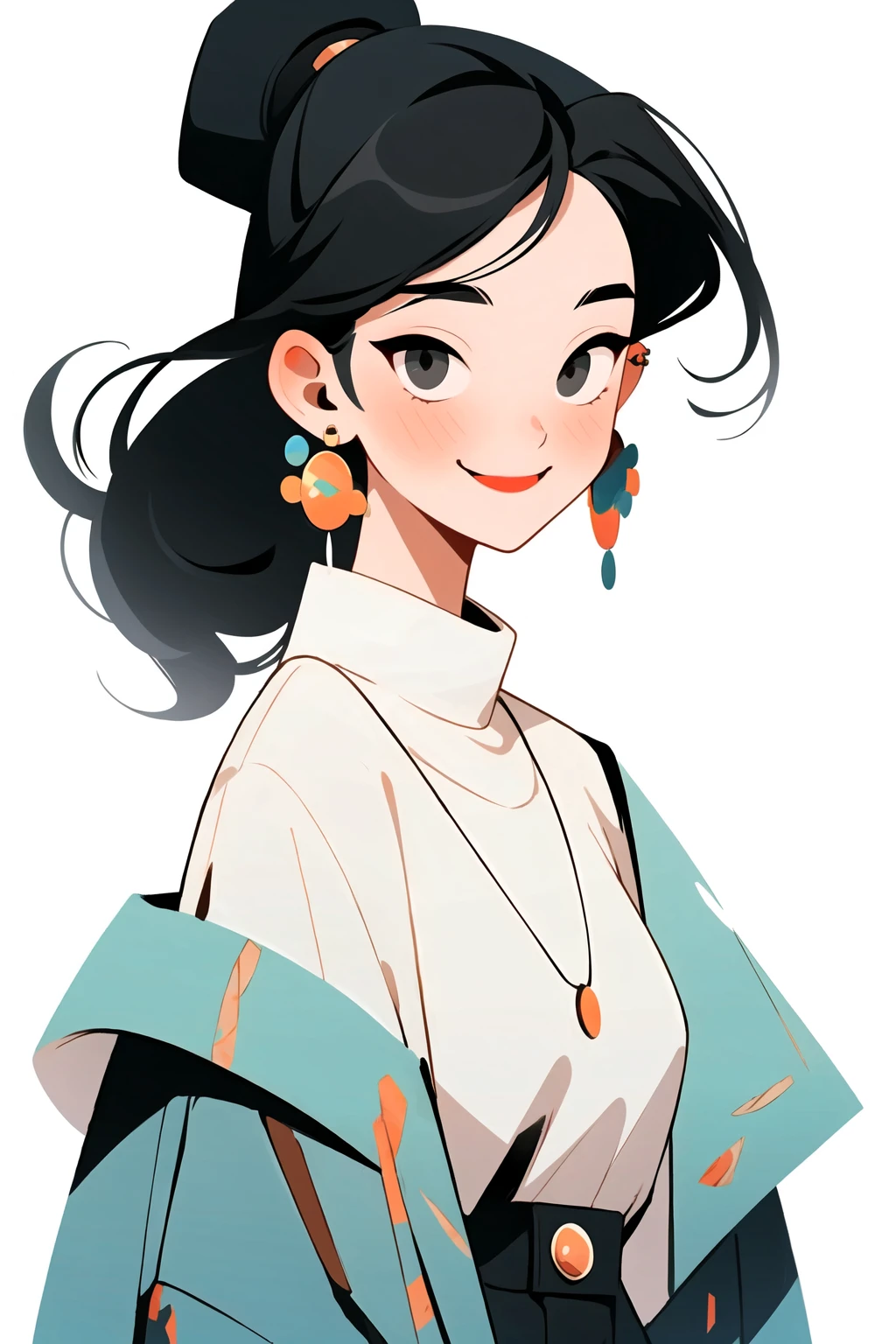 1girl baseball cap black eyes black hair black headwear blush ear piercing earrings hat hoop earrings jewelry long hair looking at viewer open mouth piercing shirt simple background smile solo upper body white background white shirt