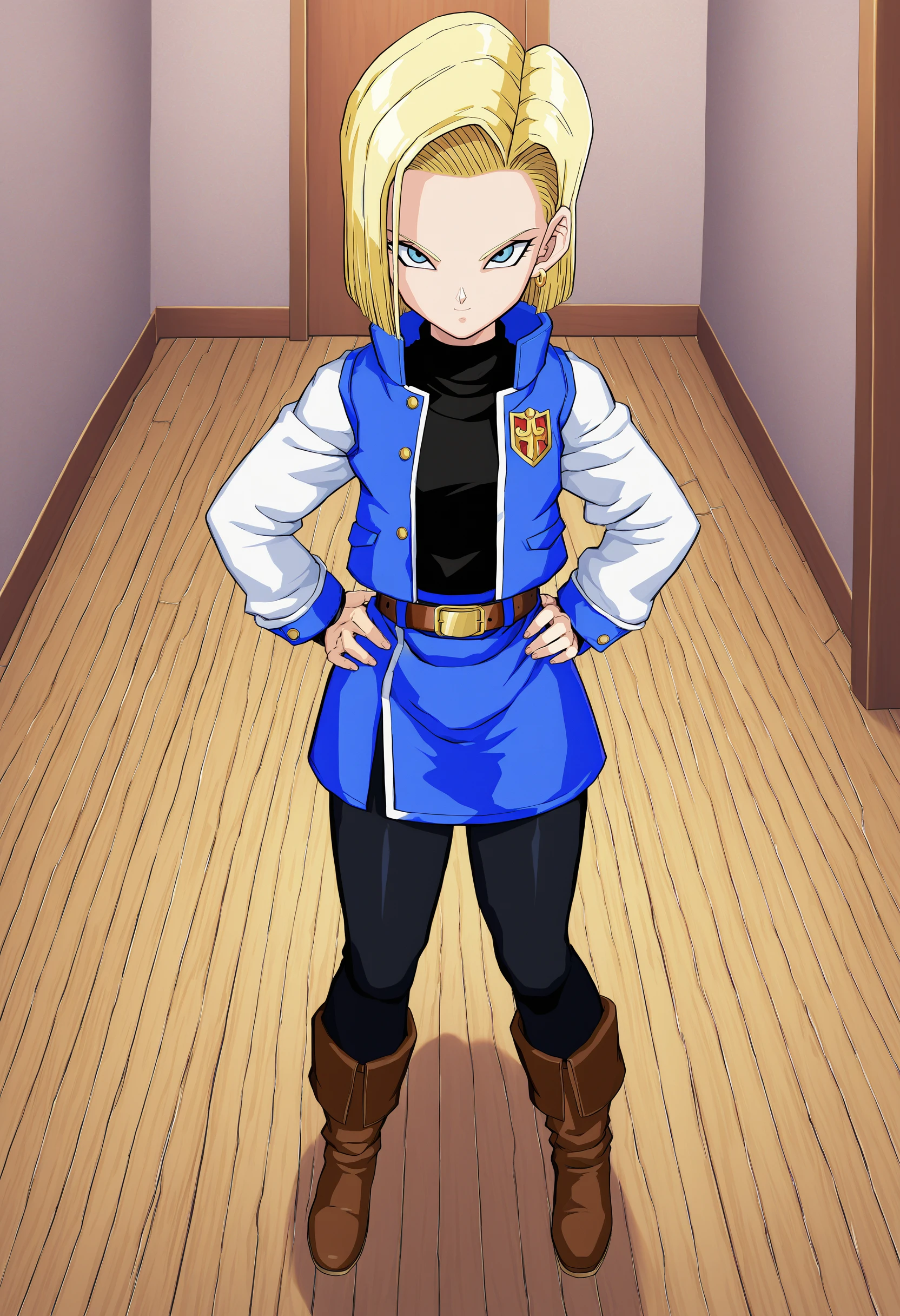 sysdeep_android18, 1girl, solo, looking_at_viewer, smile, short_hair, blue_eyes, skirt, blonde_hair, shirt, long_sleeves, jewelry, closed_mouth, standing, jacket, full_body, pantyhose, earrings, boots, belt, indoors, vest, black_pantyhose, black_shirt, turtleneck, frown, expressionless, brown_footwear, hands_on_hips, serious, wooden_floor, from_above, <lora:Android 18 - [Dragonball] - XL Version 1:1>