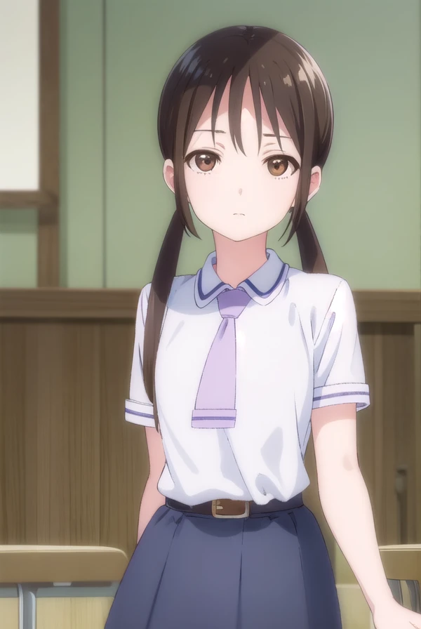 hanakohonda, <lora:hanako honda s1-lora-nochekaiser:1>,
hanako honda, long hair, black hair, twintails, (brown eyes:1.5), low twintails,
BREAK dress, school uniform, necktie, belt,
BREAK indoors, classroom,
BREAK looking at viewer, (cowboy shot:1.5),
BREAK <lyco:GoodHands-beta2:1>, (masterpiece:1.2), best quality, high resolution, unity 8k wallpaper, (illustration:0.8), (beautiful detailed eyes:1.6), extremely detailed face, perfect lighting, extremely detailed CG, (perfect hands, perfect anatomy),