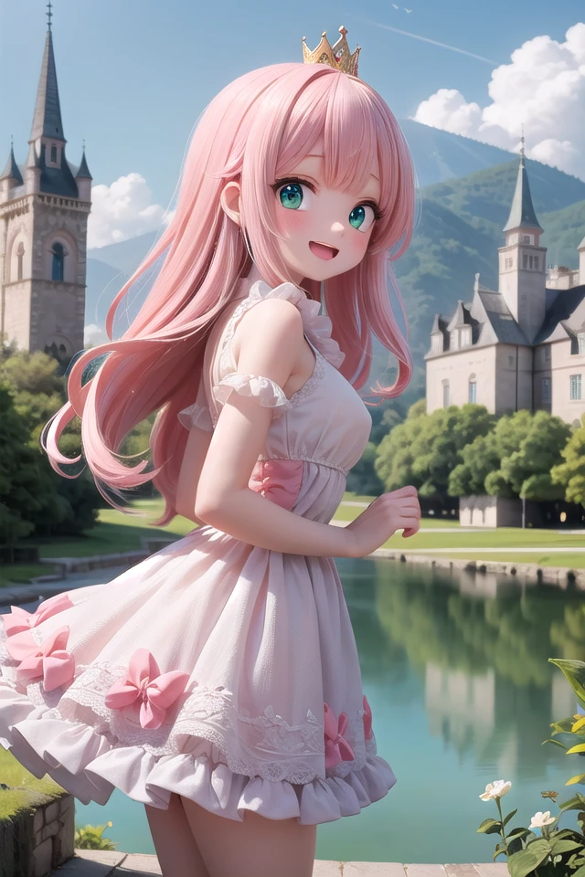 insanely detailed, absurdres, ultra-highres, ultra-detailed, best quality,
1 girl, solo, nice hands, perfect hands,
BREAK,
(wearing princess dress), teara,
happy smile, laugh, open mouth,
standing,
from side, cowboy shot, looking at viewer,
BREAK,
slender, kawaii, perfect symmetrical face, ultra cute girl, ultra cute face, ultra detailed eyes, ultra detailed hair, ultra cute, ultra beautiful,
BREAK,
fantasy world, (castle in background, lake:1.3), (very wide, panorama view, sense of depth, magnificent view:1.3)
BREAK,
princess girl, pink hair, green eyes, medium breasts