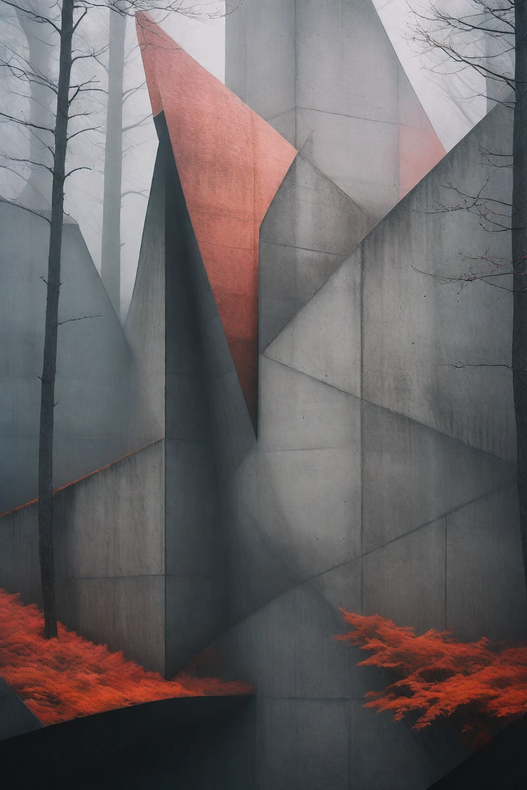 a elaborate red orange and light pink forest of intertwined twisted trees in are gathered into brutalist inspired geometry, the background is  dark and moody and there is a mist of dark gray fog, in the style of Kodak Portra 100 film with an f-stop f/2