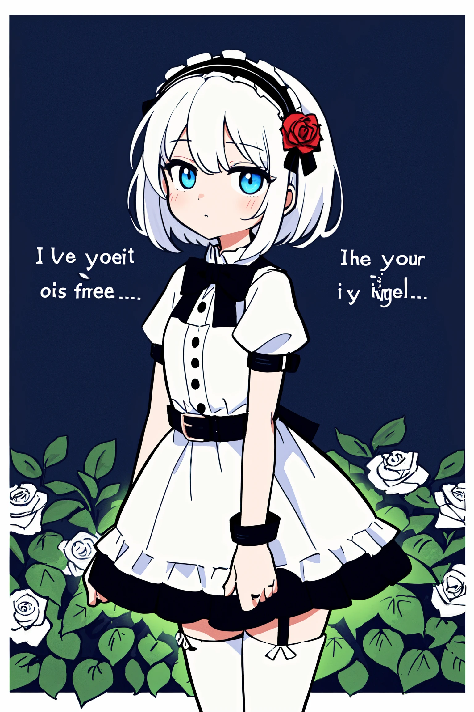 ((white theme)), best quality, masterpiece, ultra-detailed, illustration, detailed light, an extremely delicate and beautiful, incredibly_absurdres, (glowing), (1girl), solo, a beautiful girl, (cowboy shot), standding, ((beautiful Dress+stocking):1.25), ((Belts)), (leg loops), ((headdress)), ((white hair)), (beautiful blue eyes), (english text), (flower), (rose), (garden), (petal), (circle:), (Saturn ring), (border<circle)