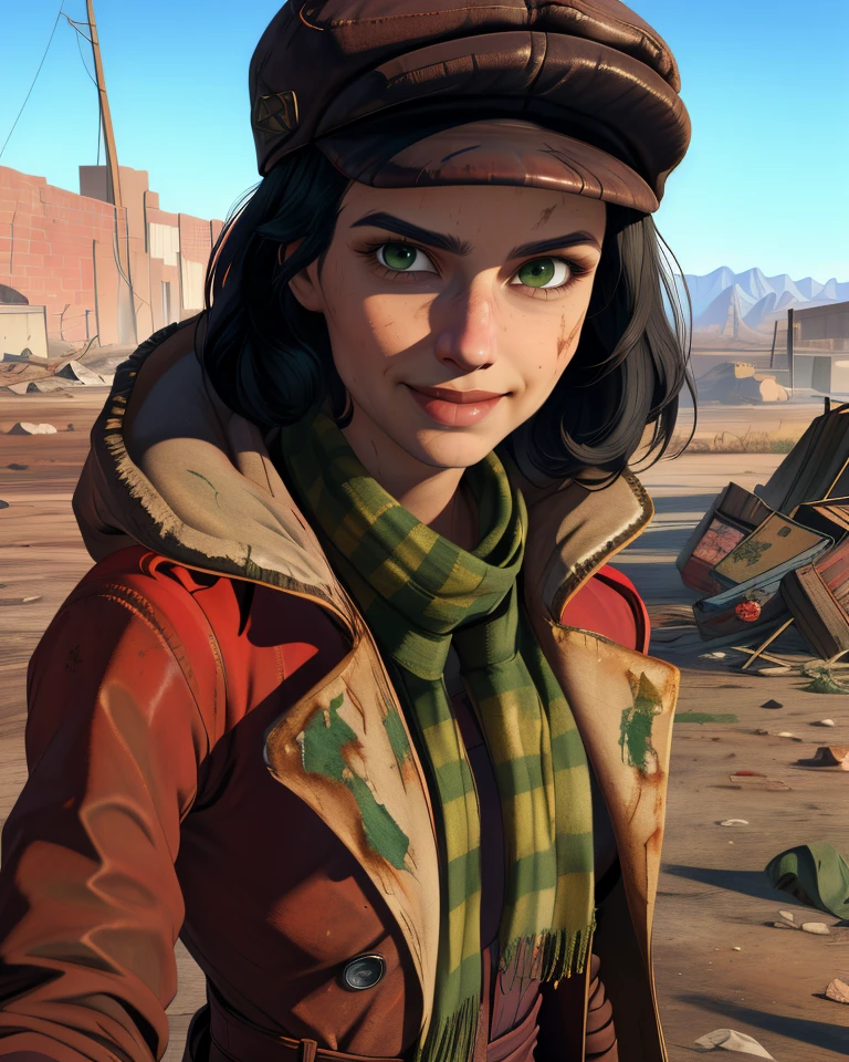 piper,black hair,green eyes,
standing,upper body, 
red overcoat,scarf,dirty clothes,small cap,
light smile,close up,
wasteland,newspaper stand,
(insanely detailed,  masterpiece, best quality),<lora:piper:0.8>,