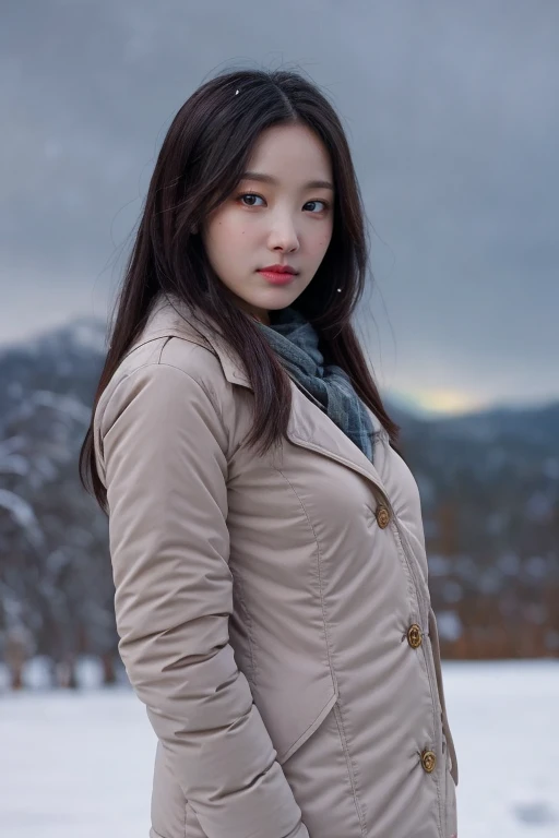 masterpiece, best quality, ultra-detailed, ultra high res, (photorealistic:1.4), raw photo, (realistic:0.2), CG, 8k HDR, perfect lighting, 1girl, solo, looking at viewer, (winter clothes, padded jacket), outdoor, (snow, snowflakes), night, scattered cloud, aurora sky, upper body, lower body, asymmetrical long hair, (detailed oily skin, medium breasts:0.8), (detailed face), (detailed background :1.1), hands in pocket, cold weather, closed mouth,