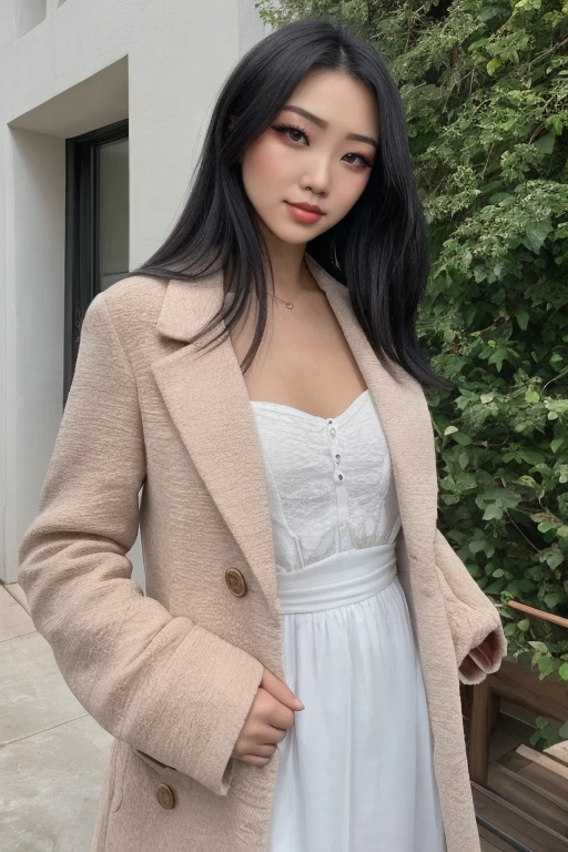 4k, 8k, ultra highres, raw photo in hdr, sharp focus, intricate texture, skin imperfections, realistic, detailed facial features, highly detailed face, posing,perfect lighting,black hair, standing outside,flowery dress,small breasts,coat, <lora:Sharonzxt1:0.7> Sharonzxt