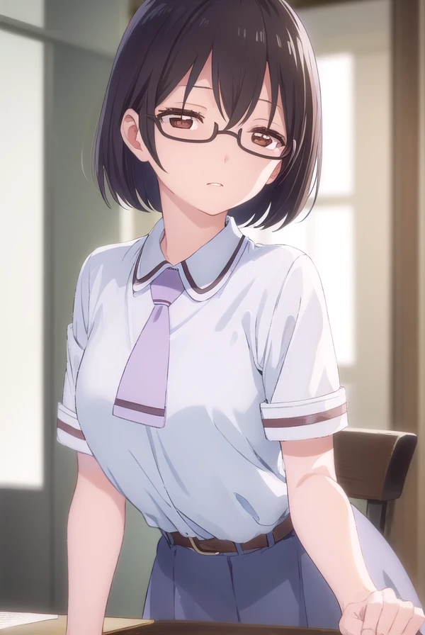 kasuminomura, <lora:kasumi nomura s1-lora-nochekaiser:1>,
kasumi nomura, short hair, black hair, glasses, semi-rimless eyewear, (brown eyes:1.5),
BREAK dress, school uniform, necktie, belt,
BREAK indoors, classroom,
BREAK looking at viewer, (cowboy shot:1.5),
BREAK <lyco:GoodHands-beta2:1>, (masterpiece:1.2), best quality, high resolution, unity 8k wallpaper, (illustration:0.8), (beautiful detailed eyes:1.6), extremely detailed face, perfect lighting, extremely detailed CG, (perfect hands, perfect anatomy),