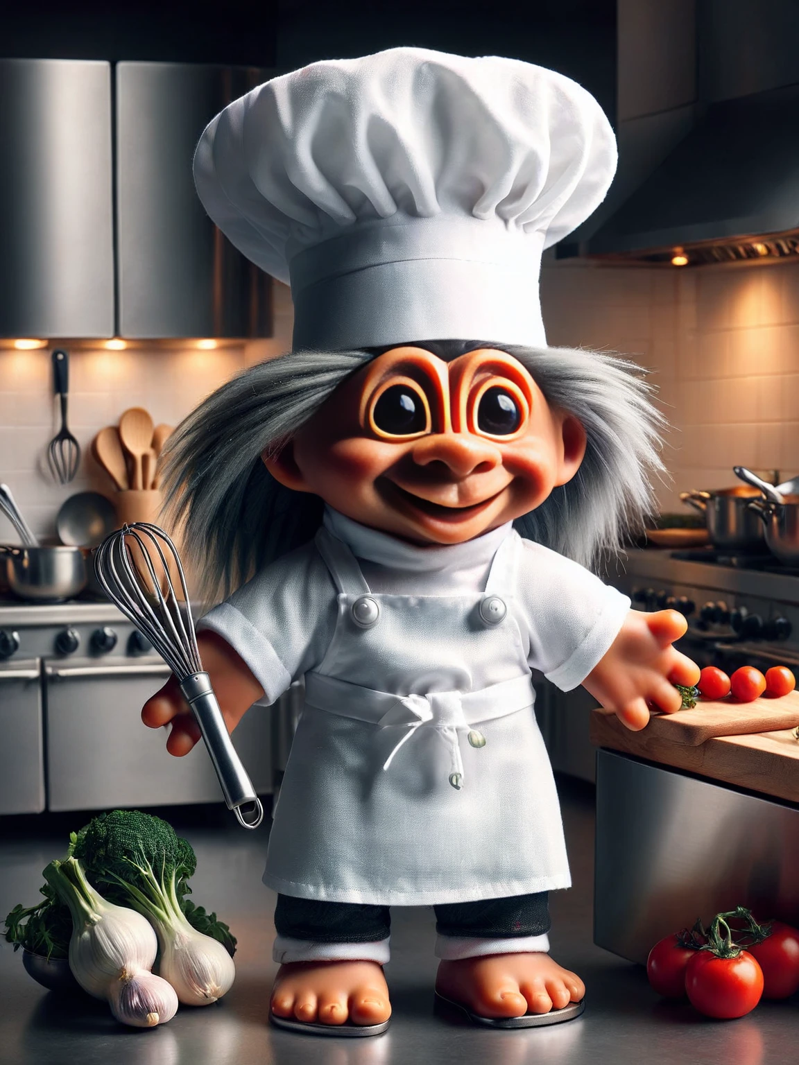 ais-trollz chef, with a passionate and contented expression, in a chef's hat and apron, standing in polished, professional kitchen shoes, cooking in a bustling gourmet kitchen. Surrounded by fresh ingredients and a team of chefs, crafting a culinary delight <lora:Trollz_2:1>