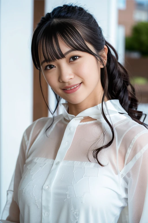 1girl, (white sheer blouse:1.6),(RAW photo, best quality), (realistic, photo-realistic:1.8), masterpiece, an extremely delicate and beautiful, extremely detailed, 2k wallpaper, Amazing, finely detail, extremely detailed CG unity 8k wallpaper, ultra-detailed, highres, soft light, beautiful detailed girl, extremely detailed eyes and face, beautiful detailed nose, beautiful detailed eyes,cinematic lighting,(in the city:2.0),perfect anatomy,(slender body:1.6),(close up face:2.0),(laugh,friendly, warm:1.8),(looking at viewer:2.0),(young japanese idol:1.8),(wavy long hair:1.8), (brown eyes:1.8), (cleavage:1.4), <lora:yuina_lora-11:0.8>