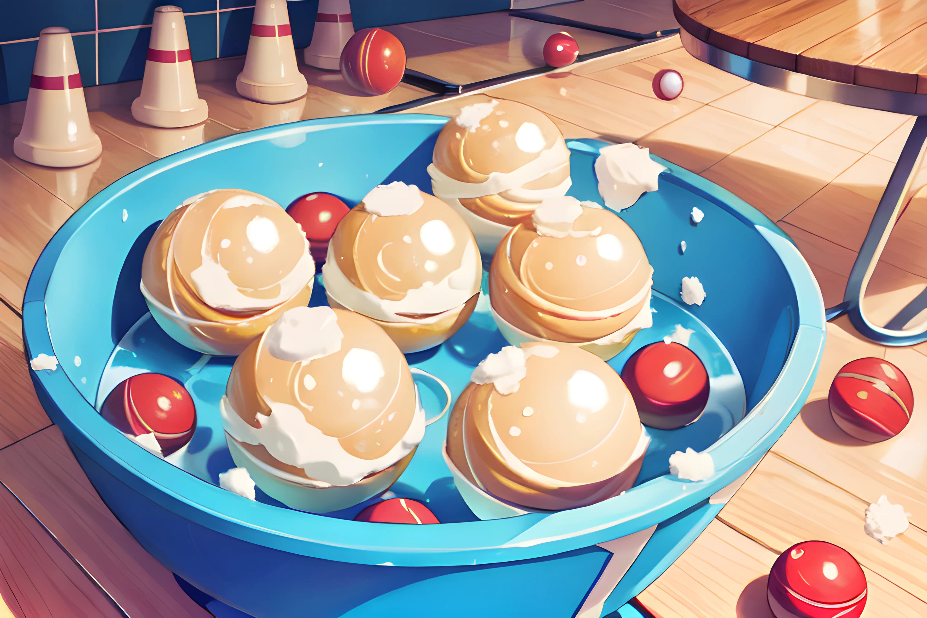 Bowling balls made out of peanut butter but they're the bubbles in a big rubber hubba bubba bubble bath